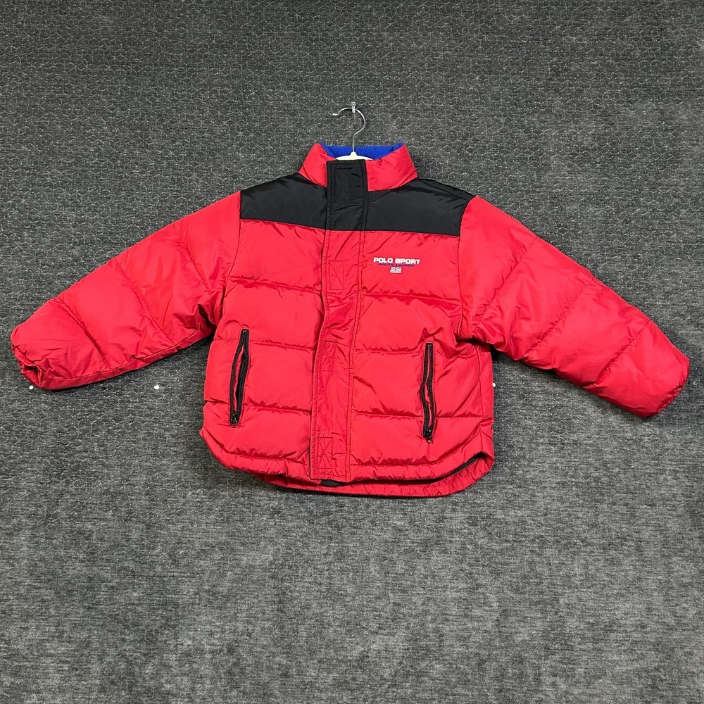 VTG Polo Sport Ralph Lauren Puffer Jacket Kids Red Black Full Zip Down Fill - 5